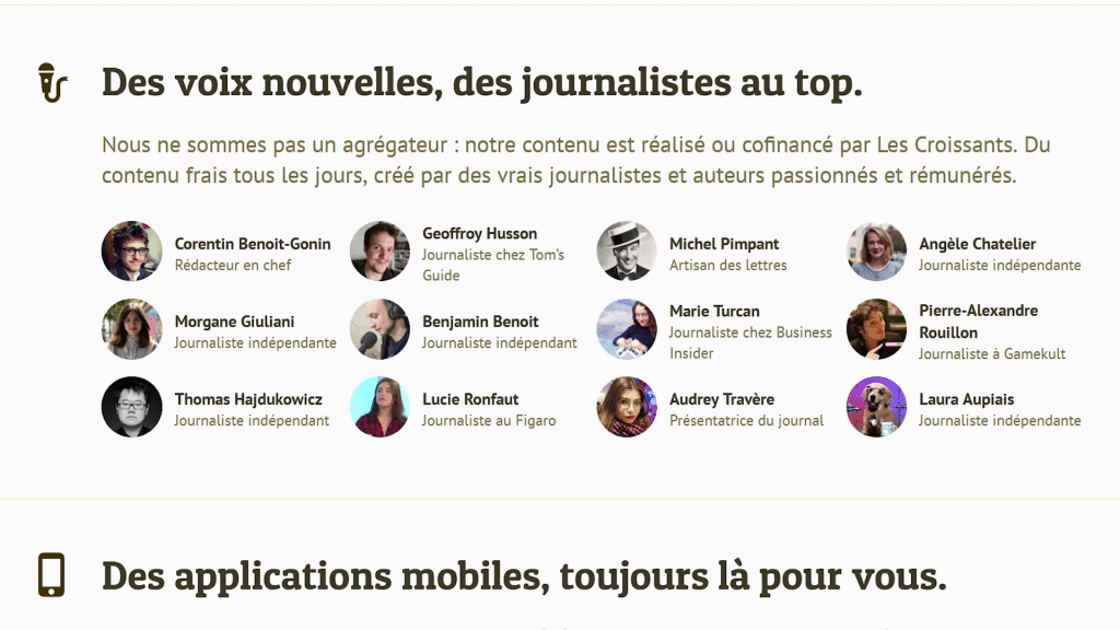 Capture d'écran du site Internet des Croissants : "des voix nouvelles, des journalistes au top"