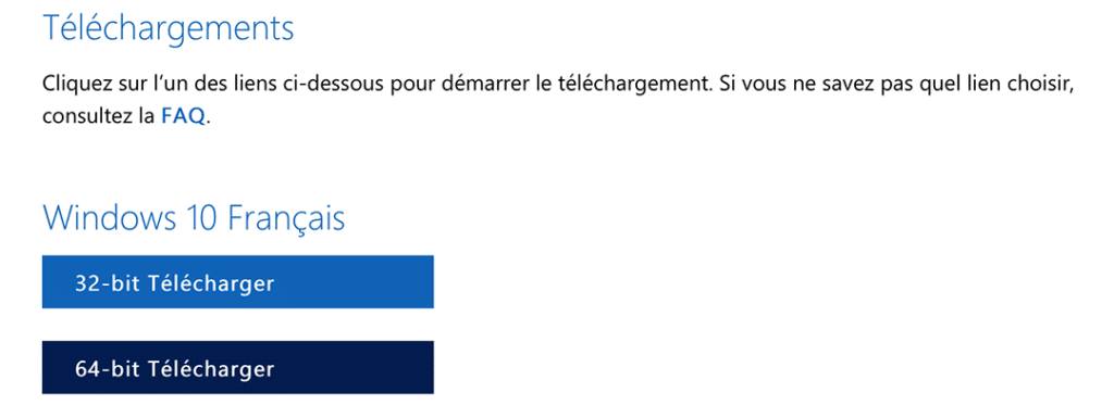Capture d'écran du site de Microsoft, sur une page où l'on peut télécharger une image ISO de Windows 10. Ici, on nous propose deux versions de Windows 10 : une version 32 bits et une version 64 bits.
