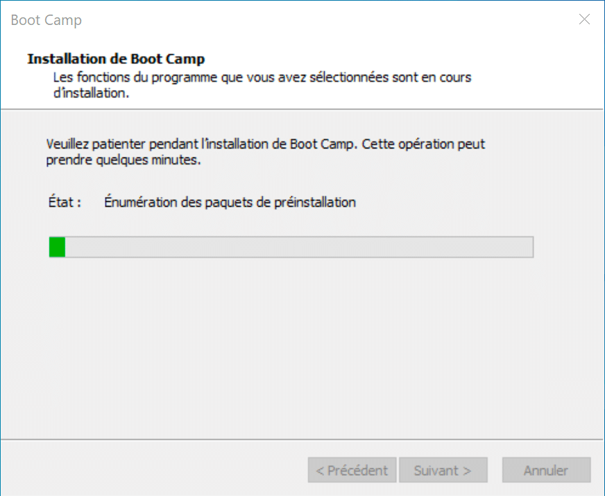 Assistant d'installation de Boot Camp sous Windows 10.
