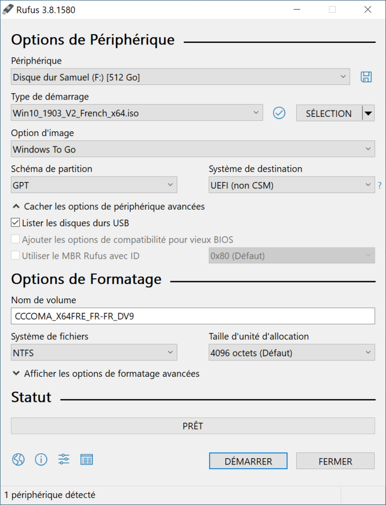 Capture d'écran du logiciel Rufus, sous Windows 10.