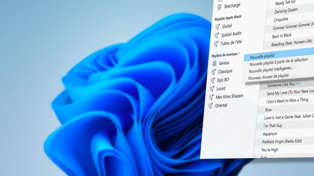 Ajout d'une nouvelle playlist avec iTunes sous Windows 11.